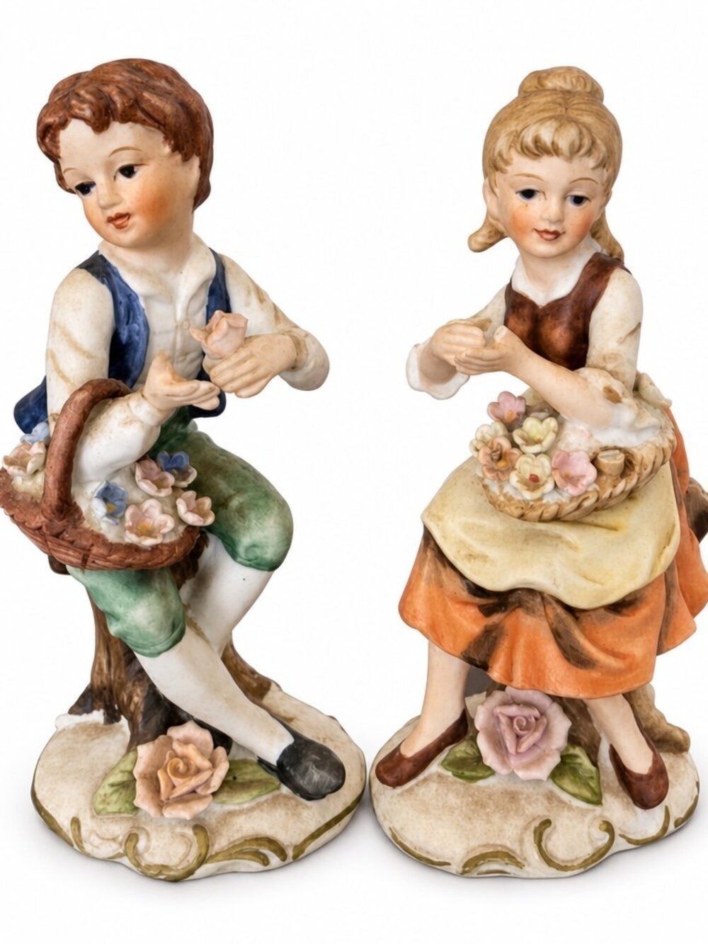 Vintage Napcoware Japan Boy & Girl Figurines | Flower Basket Pair | C‑8844
